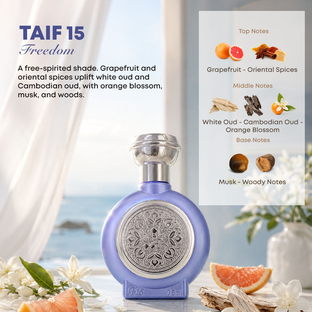 TAIF 15 men's perfume bottle 75ml with ingredients grapefruit, oriental spices, white oud, combodian oud, orange blossom, musk, woody notes - best men's summer fragrance
