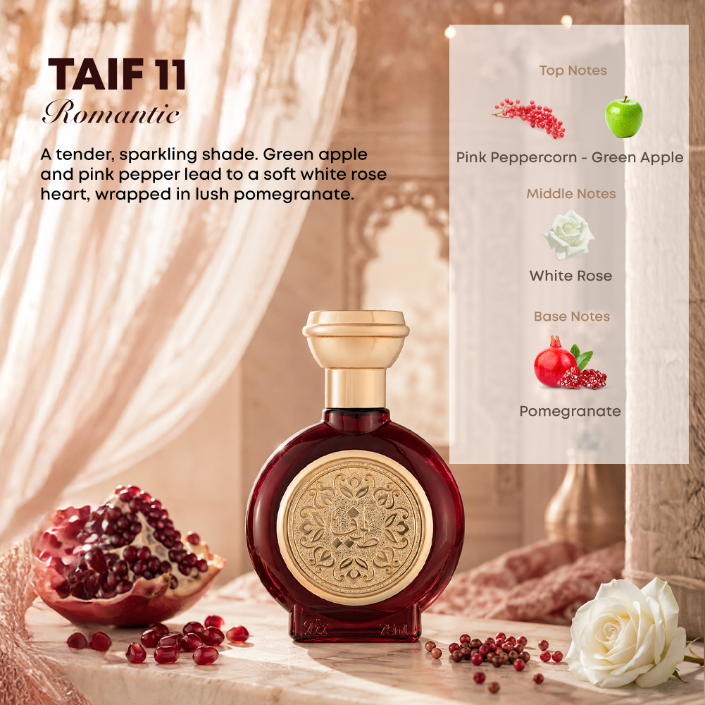 TAIF 11 women's perfume bottle 75ml amid pomegranate and flowing curtains, best ladies perfume in uae