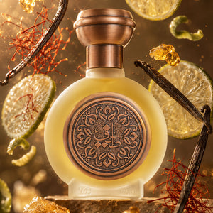 زجاجة عطر طيف 05 للنساء والرجال 75 مل محاطة بزعفران وشرائح حمضيات، افضل العطور الرجالية والنسائية الفواحة