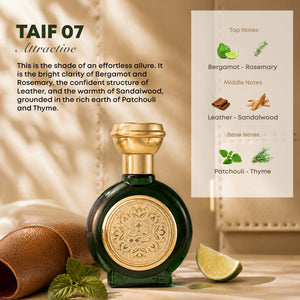 TAIF 07 unisex perfume bottle 75ml beside leather wallet and mint, best leather fragrances