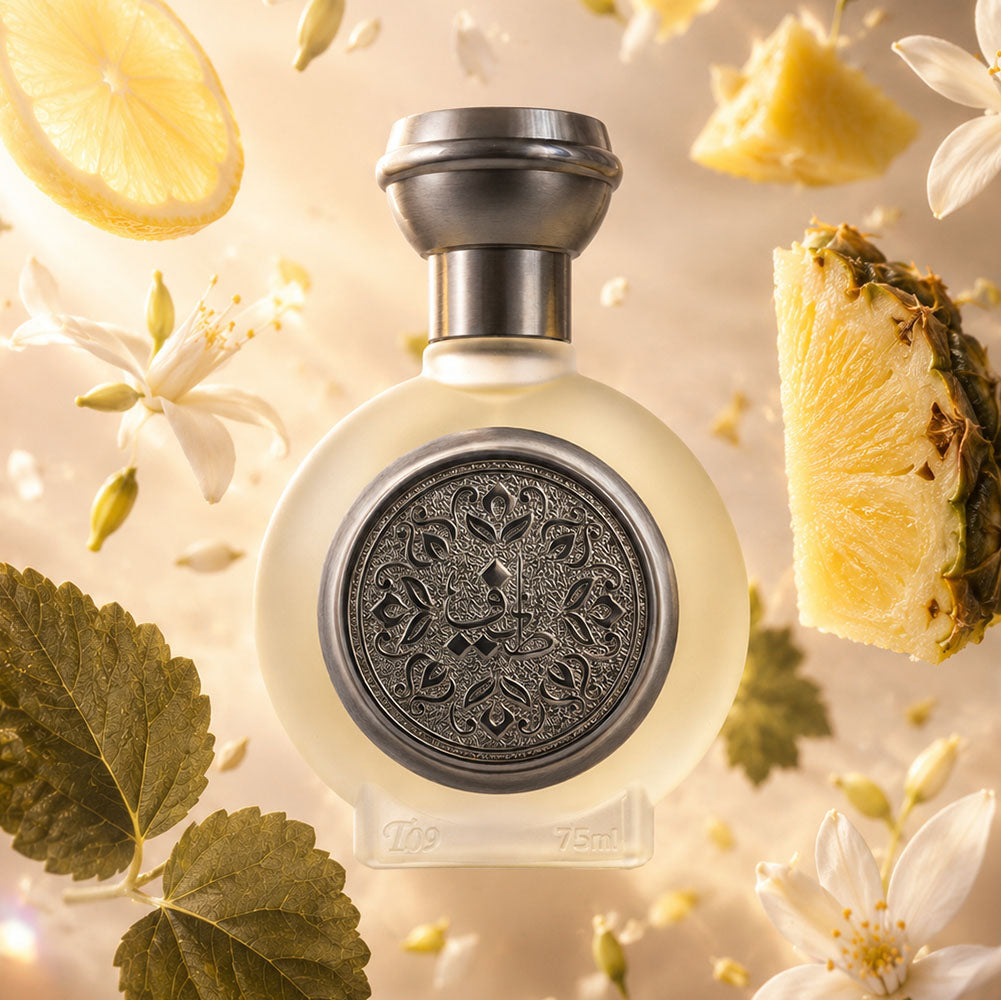 زجاجة عطر طيف 09 للرجال 75 مل محاطة بحمضيات وأزهار بيضاء، عطور رجالية فخمة