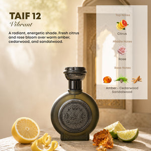 TAIF 12 unisex perfume bottle 75ml surrounded by lemons and amber, top luxury fragrances