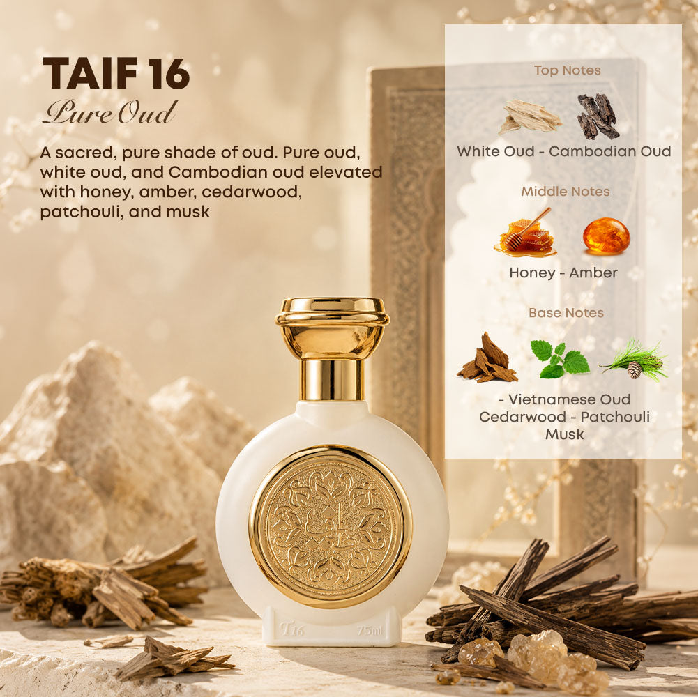 TAIF 16 unisex perfume bottle 75ml with perfume ingredients, white oud Cambodian oud, honey, amber, Vietnamese oud, cedarwood, patchouli, musk - online fragrance stores