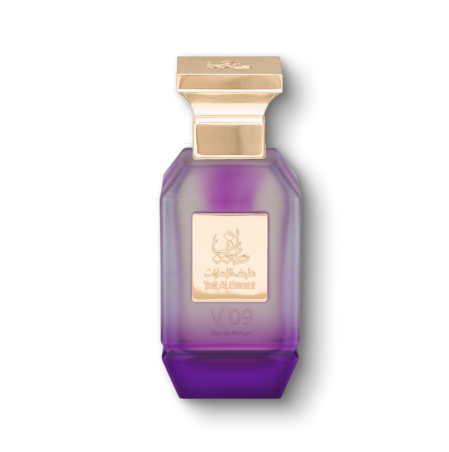 V09 women's perfume bottle 75ml with a golden plate embossed with taif al emarat logo - fragrant violet flower fragrance in uae