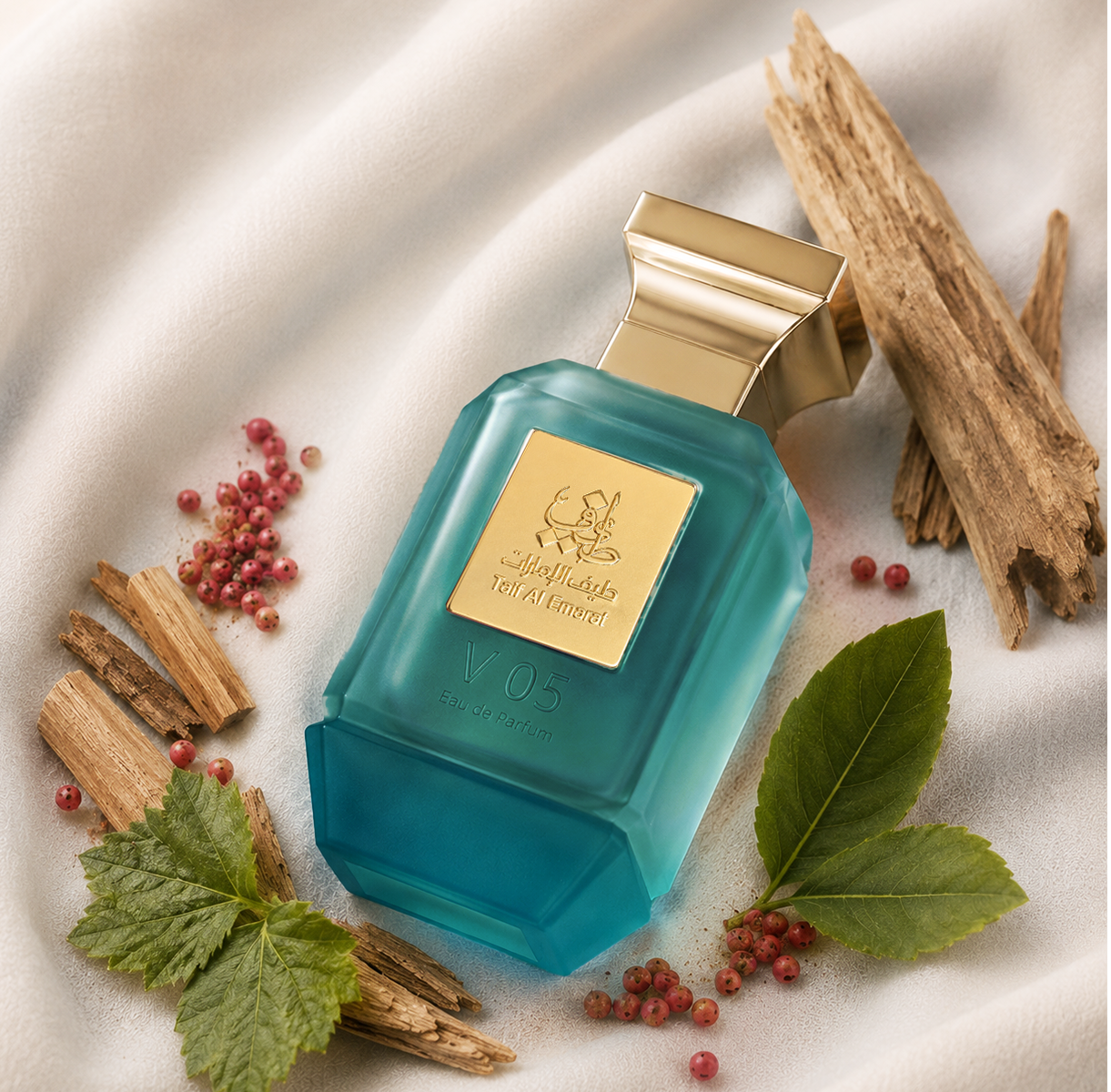 V05 men's perfume bottle 75ml surrounded by sandalwood, patchouli  and pink peppercorns - best fresh mens fragrance in dubai