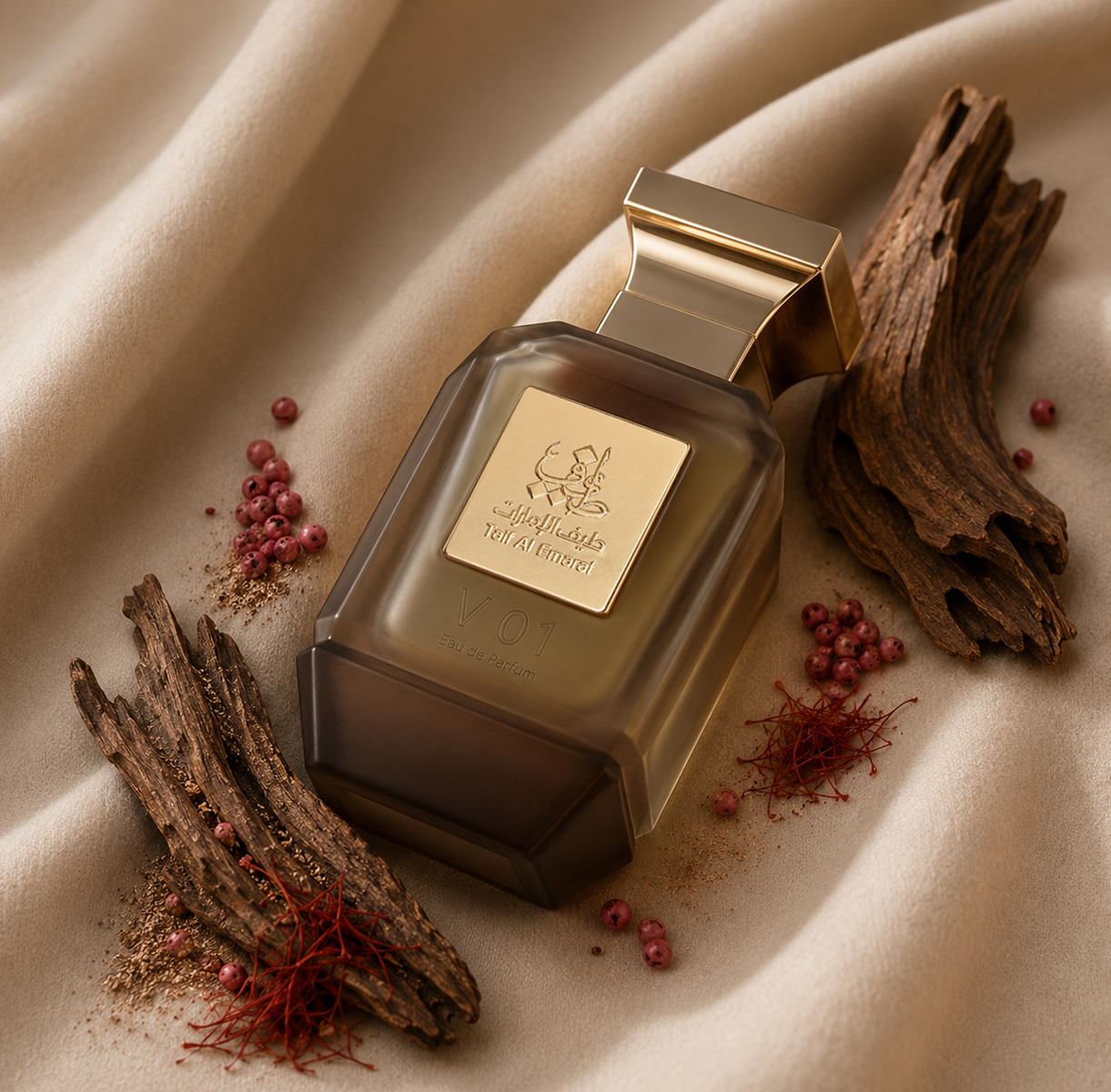 V01 Perfume bottle surrounded by wood and spices from taif al emarat perfumes - oud perfume dubai