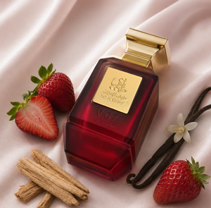 V07 unisex perfume bottle 75ml surrounded by strawberries, sandalwood and vanilla - long lasting strawberry fragrance in dubai
