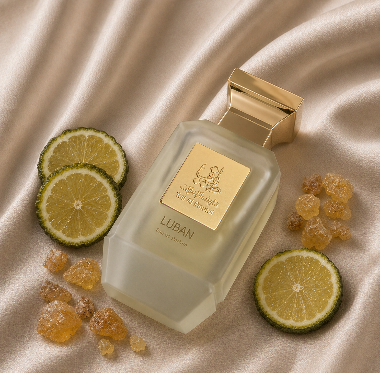Luban unisex perfume bottle 75ml surrounded by bergamot and luban - luxury luban perfume​ in uae