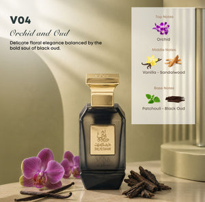 V04 unisex perfume bottle 75ml displayed with its fragrance note ingredients orchid, vanilla, sandalwood, patchouli, black oud - best black oud perfume Abu Dhabi