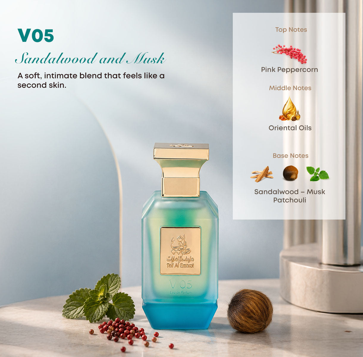 V05 men's perfume bottle 75ml displayed with its fragrance note ingredients, pink peppercorn, oriental oils, sandalwoods, musk, patchouli - best fresh mens fragrance in dubai