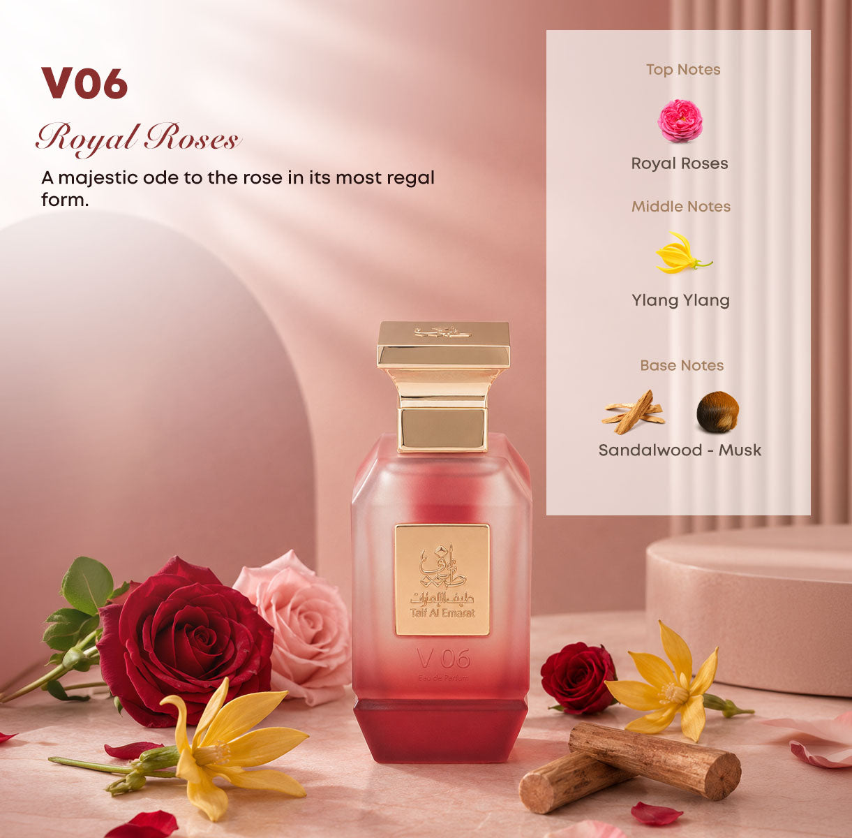 V06 women's perfume bottle 75ml displayed with perfume ingredients, royal rose, ylang ylang, sandalwood, musk - best selling women's perfume in uae