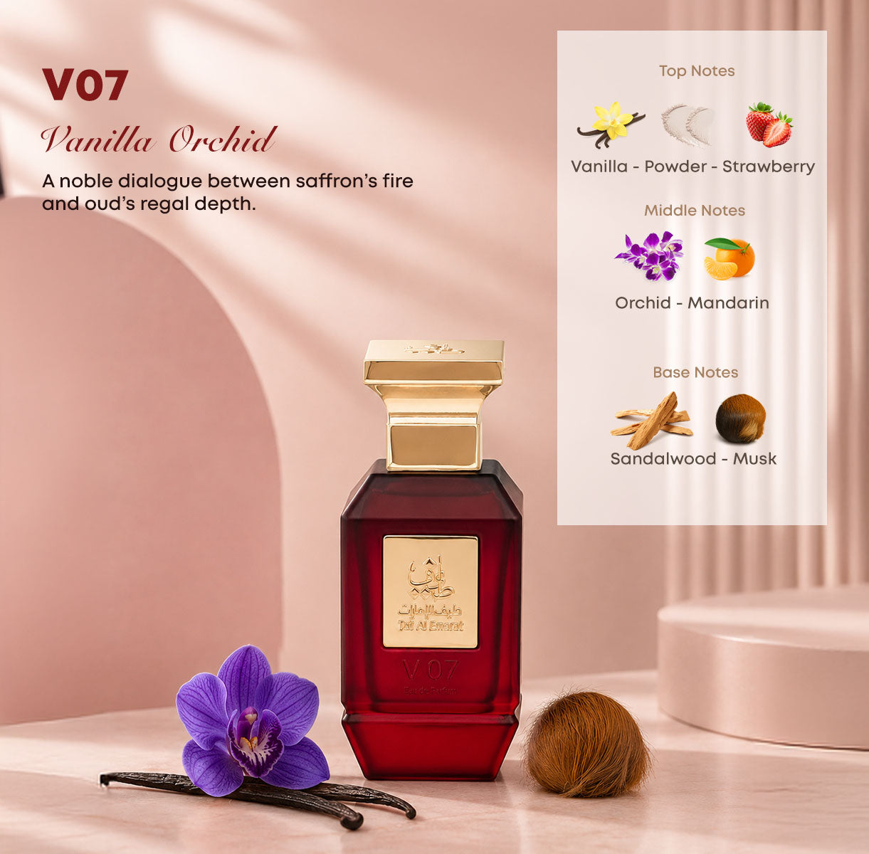V07 unisex perfume bottle 75ml displayed with perfume ingredients vanilla, powder, strawberry, orchid, mandarin, sandalwood, musk - long lasting strawberry fragrance in dubai
