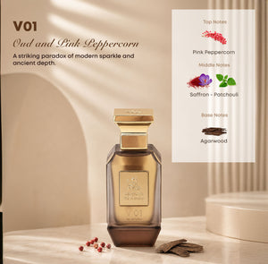 V01 perfume bottle displayed with fragrance notes ingredients, pink peppercorn, saffron, patchouli, agarwood - oud perfume dubai
