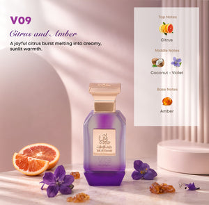 V09 women's perfume bottle 75ml displayed with perfume ingredients, citrus, coconut, violet, amber - fragrant violet flower fragrance in uae