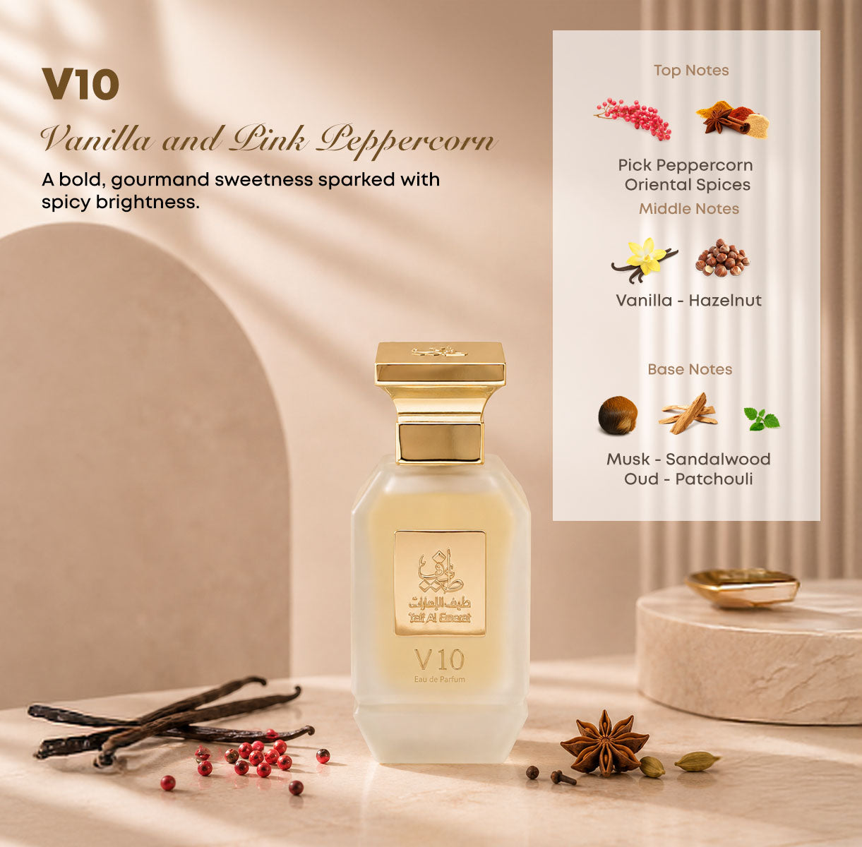 V10 unisex perfume bottle 75ml with fragrance notes list, pink peppercorn, oriental spices, vanilla, hazelnut, musk, sandalwood, oud, patchouli - best arabian oud fragrance in dubai