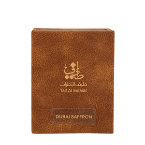 Leather box closed, standalone front view, Dubai Saffron 1tola, saffron oil