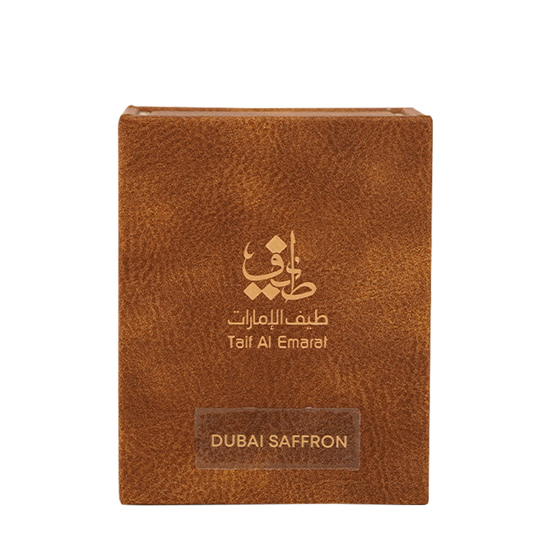 Leather box closed, standalone front view, Dubai Saffron 1tola, saffron oil