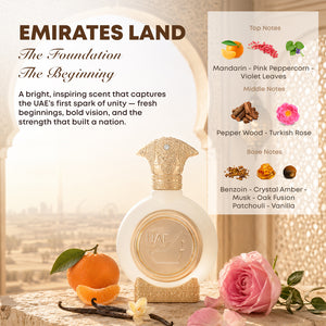 EMIRATES LAND men's perfume bottle 75ml with ingredients, mandarin, pink peppercorn, violet leaves, pepper wood, turkish rose, benzoin, crystal amber, musk, oak fusion, patchouli - greatest men's fragrances of all time