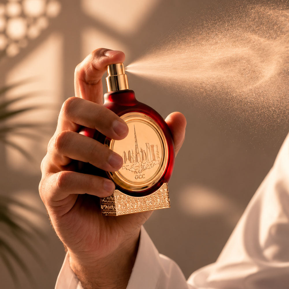 man hand spraying EMIRATES LAND men's perfume bottle 75ml - luxurious iris fragrance