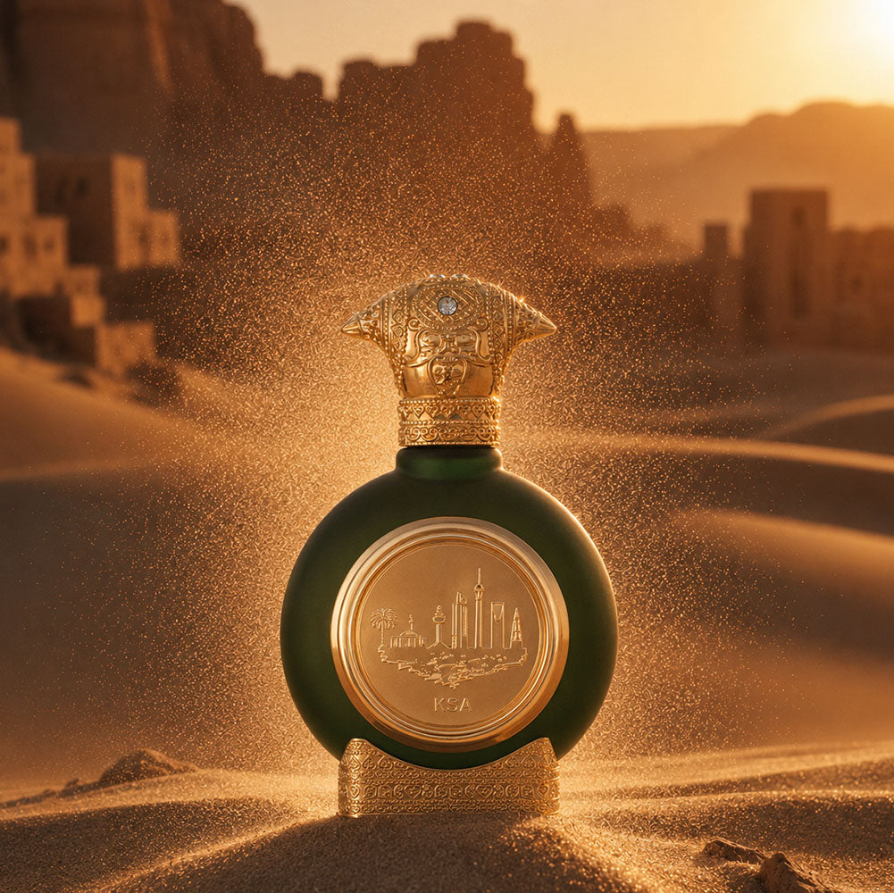 KSA unisex perfume bottle 75ml from taif al emarat perfume, standing amid desert sand - best unisex perfume