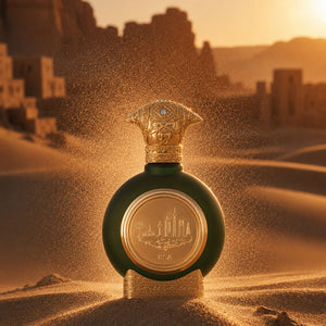 KSA unisex perfume bottle 75ml from taif al emarat perfume, standing amid desert sand - best unisex perfume