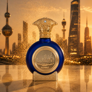 Kuwait unisex perfume bottle 75ml from taif al emarat perfumes standing before glowing kuwait city skyline - best oud fragrances