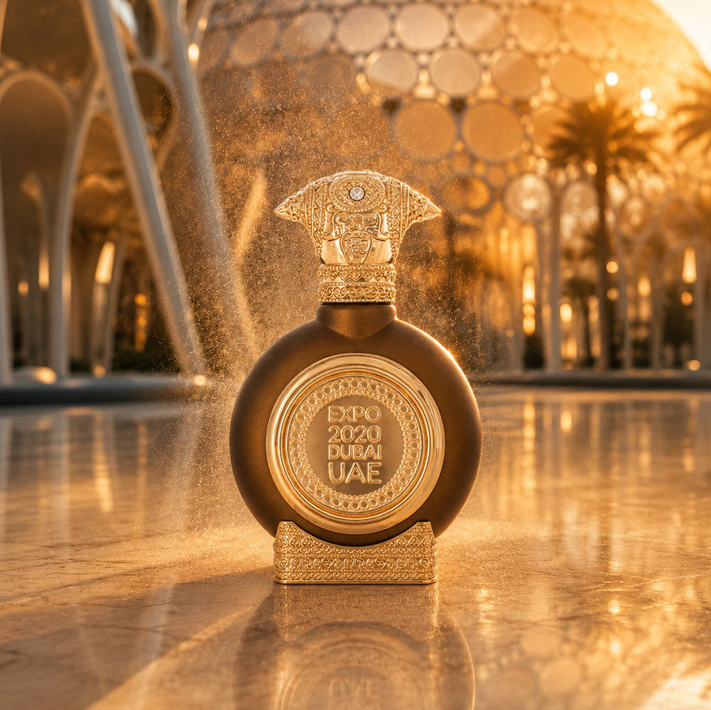 Expo 2020 unisex perfume bottle 75ml from taif al emarat perfumes, glowing at golden dome plaza - best perfume