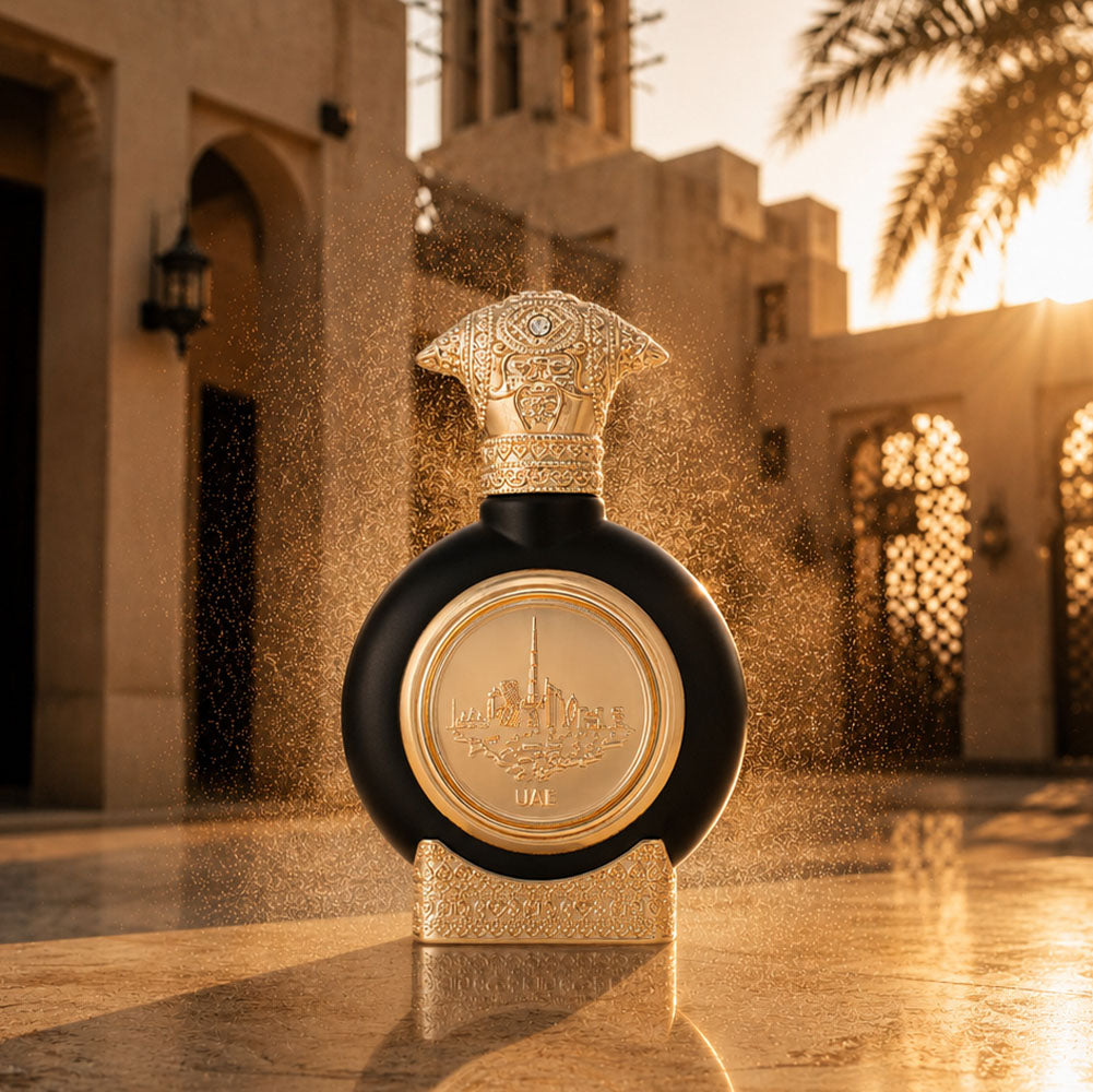 UAE OUD men's perfume bottle 75ml glowing beside traditional uae house - best oud perfume for men