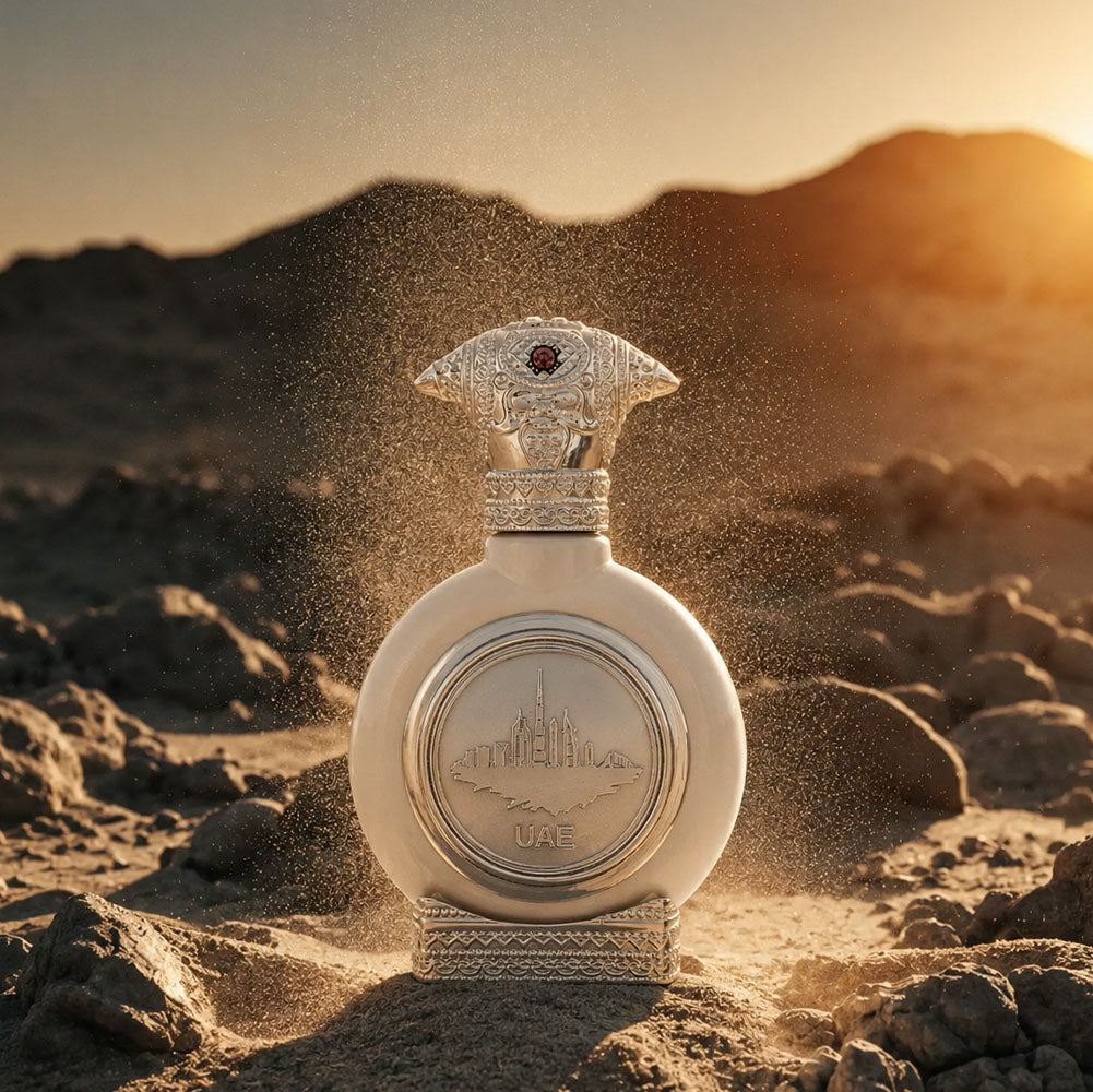 UAE SILVER unisex perfume bottle 75ml from taif al emarat perfumes standing amid rocky desert sunset - best unisex fragrances