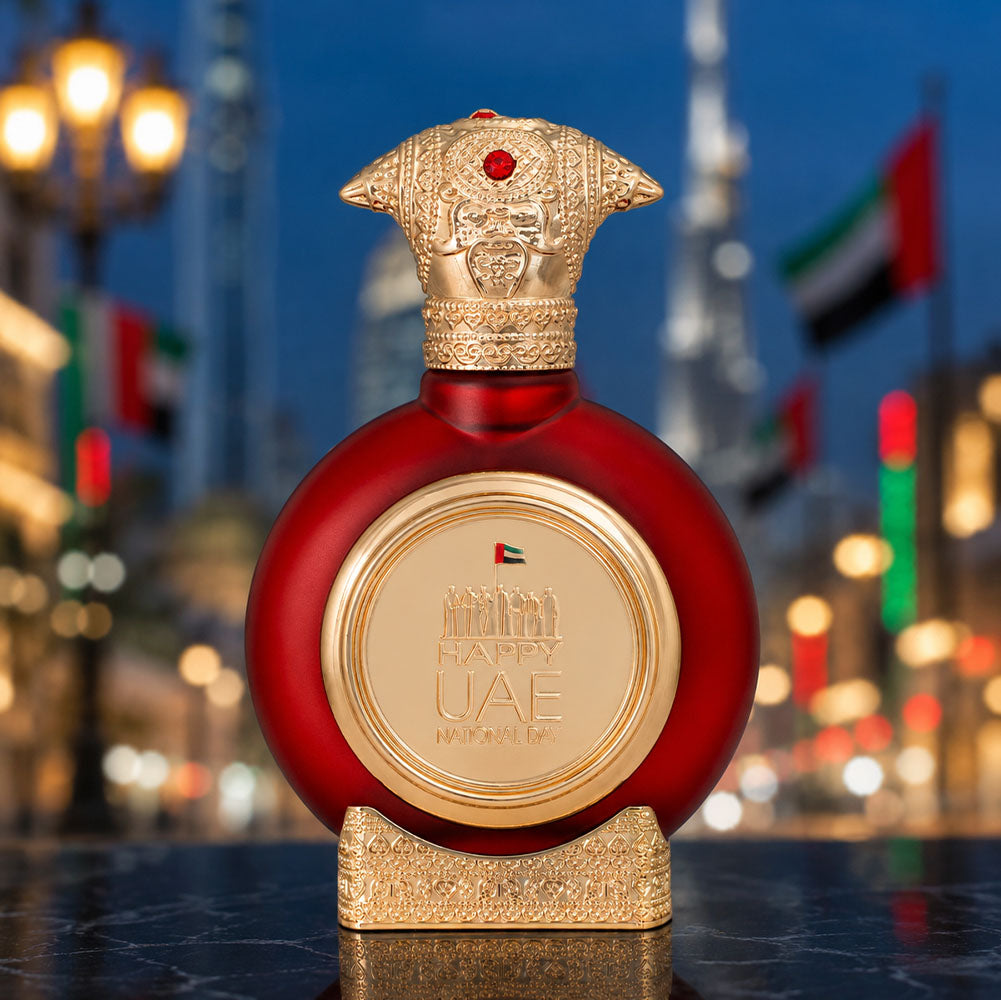 UAE National Day men's perfume bottle 75ml from taif al emarat perfumes standing amid city night lights - best national day gifts