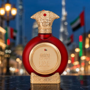 UAE National Day men's perfume bottle 75ml from taif al emarat perfumes standing amid city night lights - best national day gifts