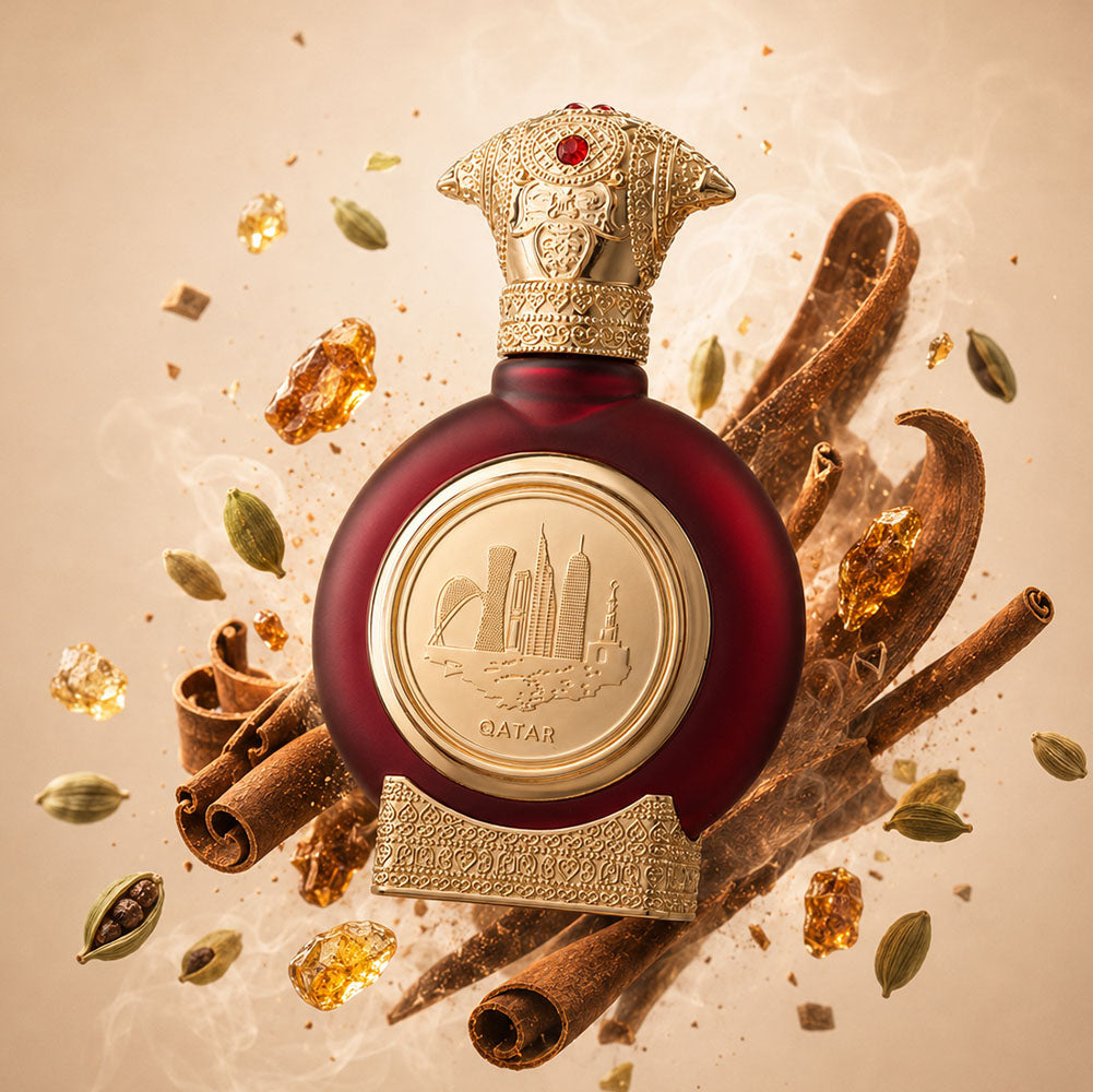 Qatar unisex perfume bottle 75ml surrounded by cinnamon, cardamom and amber - top unisex perfume