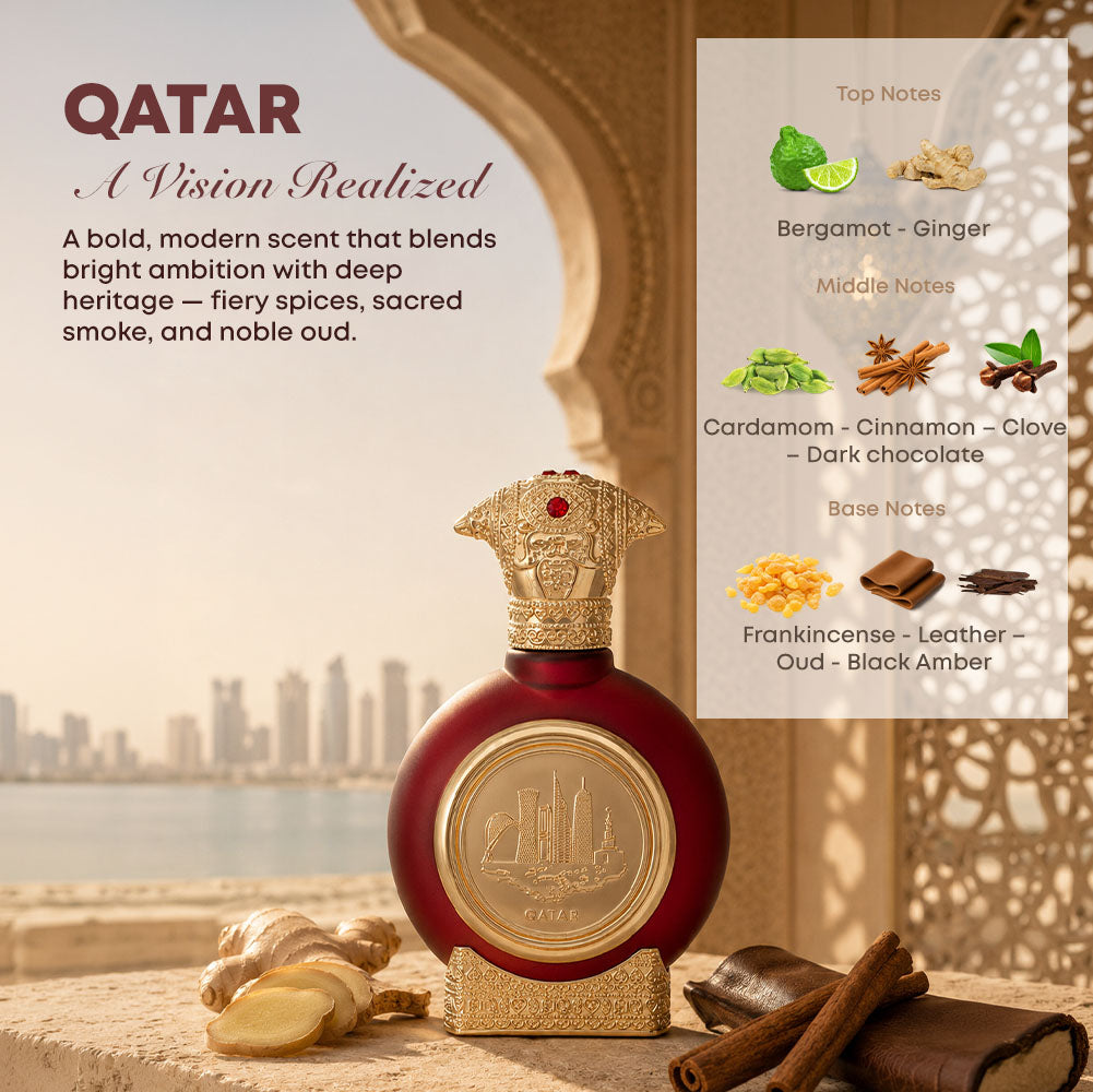 Qatar unisex perfume bottle 75ml with perfume ingredients, bergamot, ginger, cardamom, cinnamon, clove, dark chocolate, frankincense, leather, oud, black amber - top unisex perfume