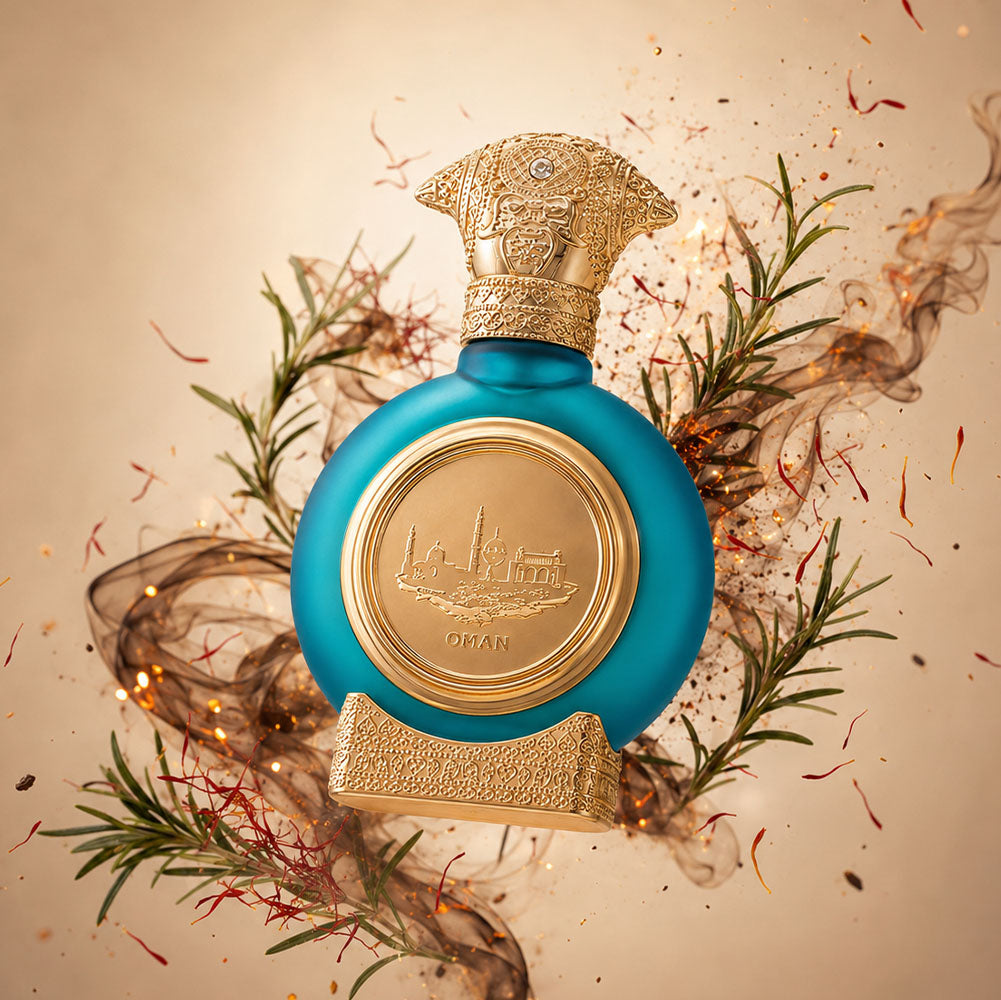 Oman unisex perfume bottle 75ml from taif al emarat perfumes, surrounded by rosemary and saffron - premium Smoked Oud perfume