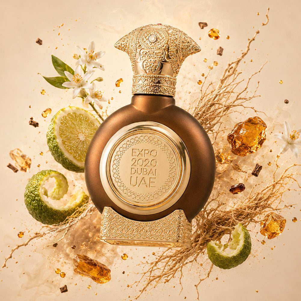 Expo 2020 unisex perfume bottle 75ml surrounded by lemon and amber - best perfume