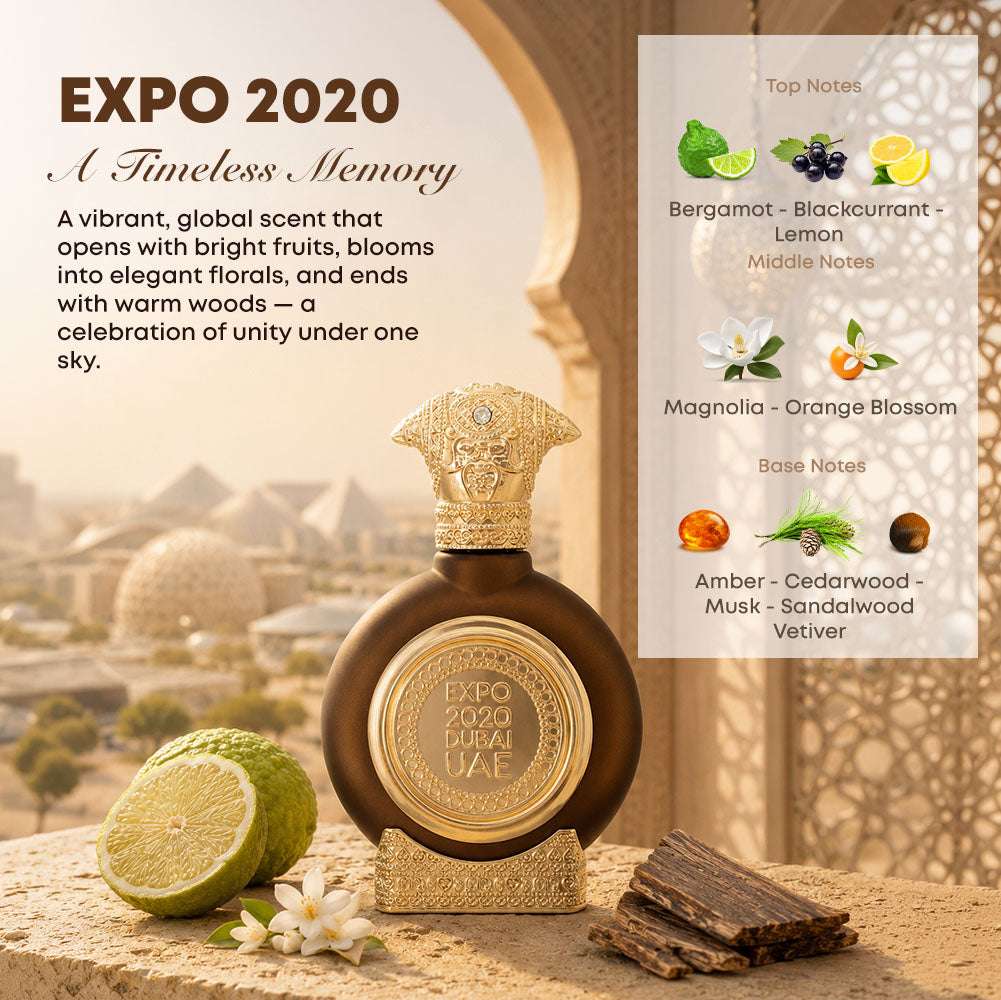 Expo 2020 unisex perfume bottle 75ml with perfume ingredients, bergamot, blackcurrant, lemon, magnolia, orange blossom, amber, musk, cedarwood, sandalwood, vetiver -  best perfume