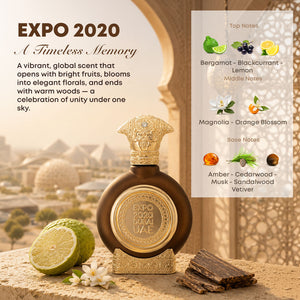 Expo 2020 unisex perfume bottle 75ml with perfume ingredients, bergamot, blackcurrant, lemon, magnolia, orange blossom, amber, musk, cedarwood, sandalwood, vetiver -  best perfume