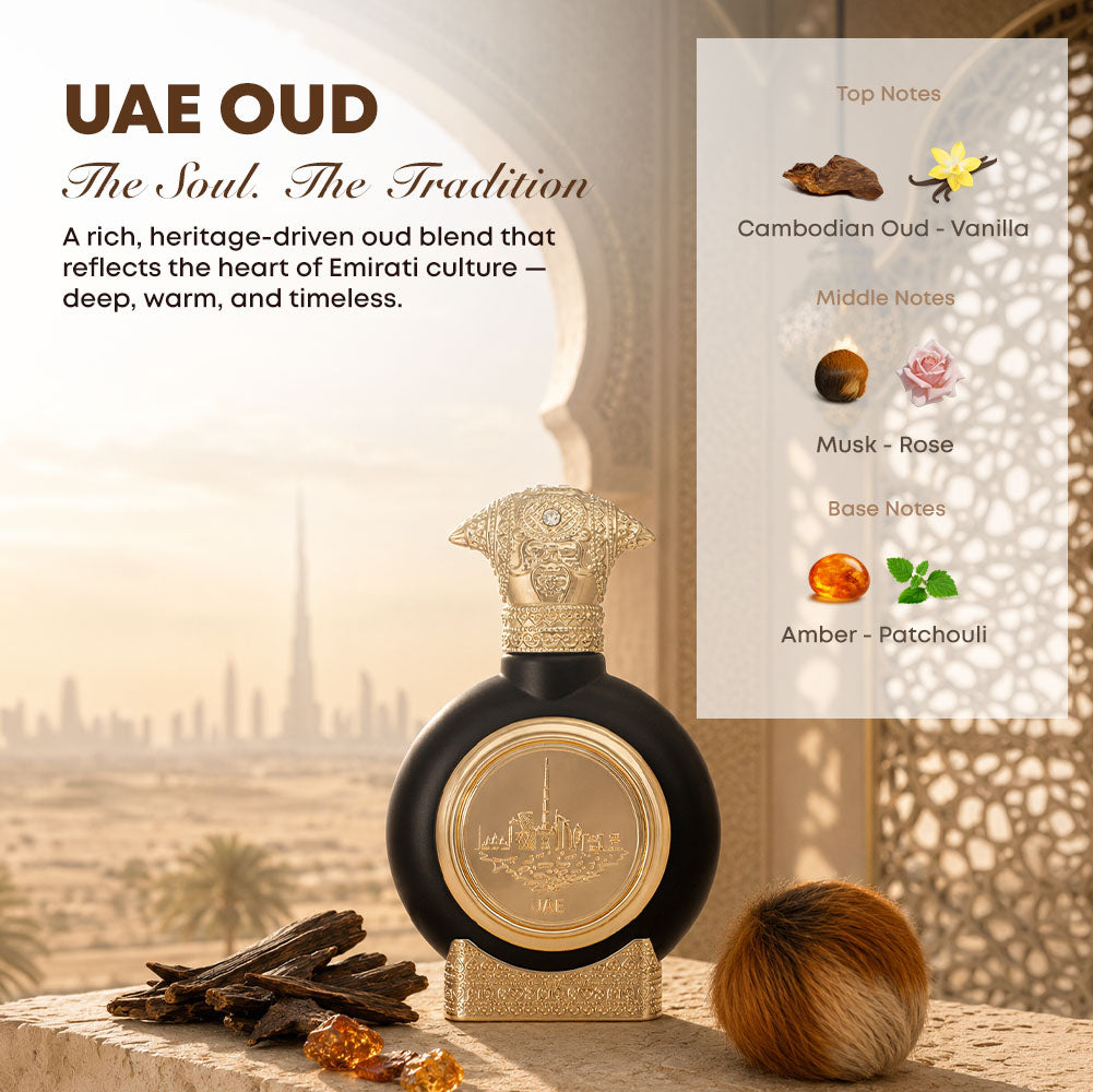 UAE OUD men's perfume bottle 75ml with perfume ingredients, cambodian oud, vanilla, musk, rose, amber, patchouli - best oud perfume for men