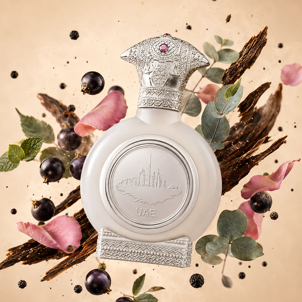 UAE SILVER unisex perfume bottle 75ml from taif al emarat perfumes surrounded by berries and cambodian oud and -  best unisex fragrances