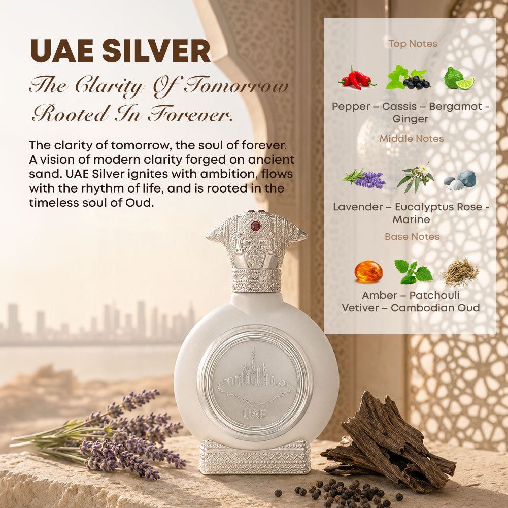 UAE SILVER unisex perfume bottle 75ml with ingredients, pepper, cassis, bergamot, ginger, lavender, eucalyptus rose, marine, amber, patchouli, vetiver, cambodian oud - best unisex fragrances