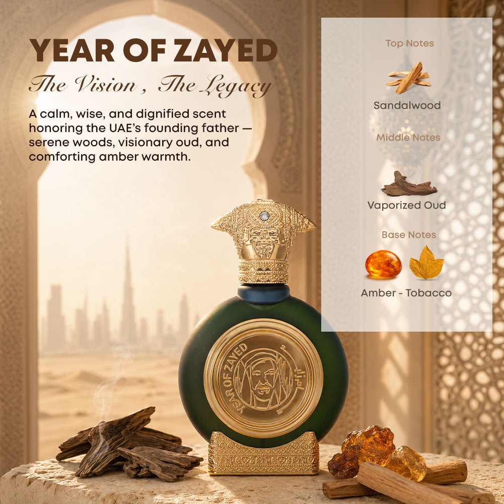 YEAR OF ZAYED perfume bottle 75ml with perfume ingredients sandalwoods, vaporized oud, amber, tobacco - best tobacco fragrance