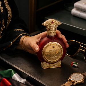 Hand holding UAE National Day men's perfume bottle 75ml beside gold jewelry - best national day gifts