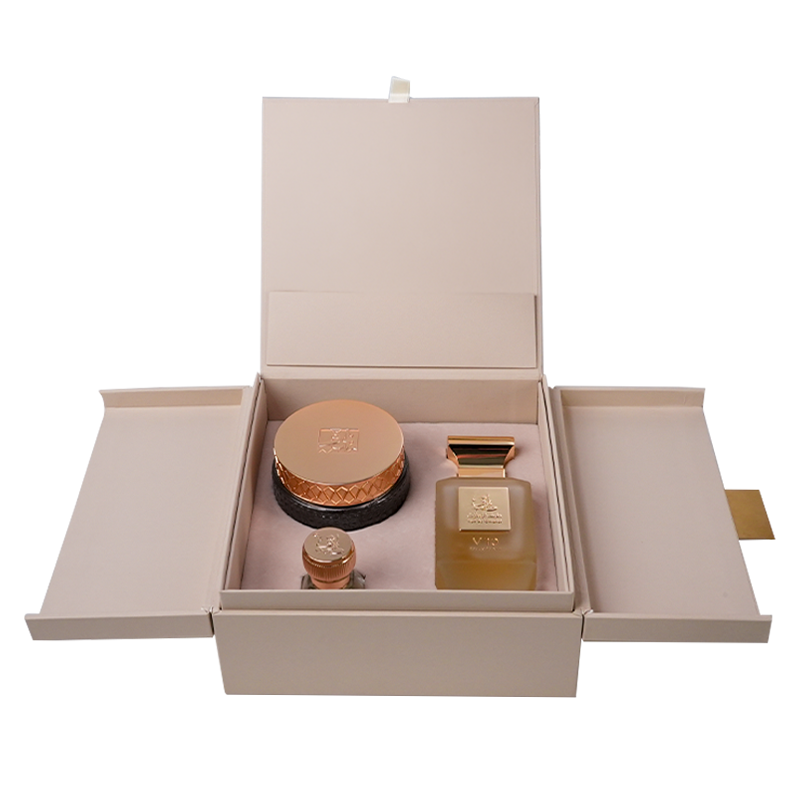 Open gift box displaying three fragrance pieces, The Signature Collection - finest luxury perfume gift sets in Dubai