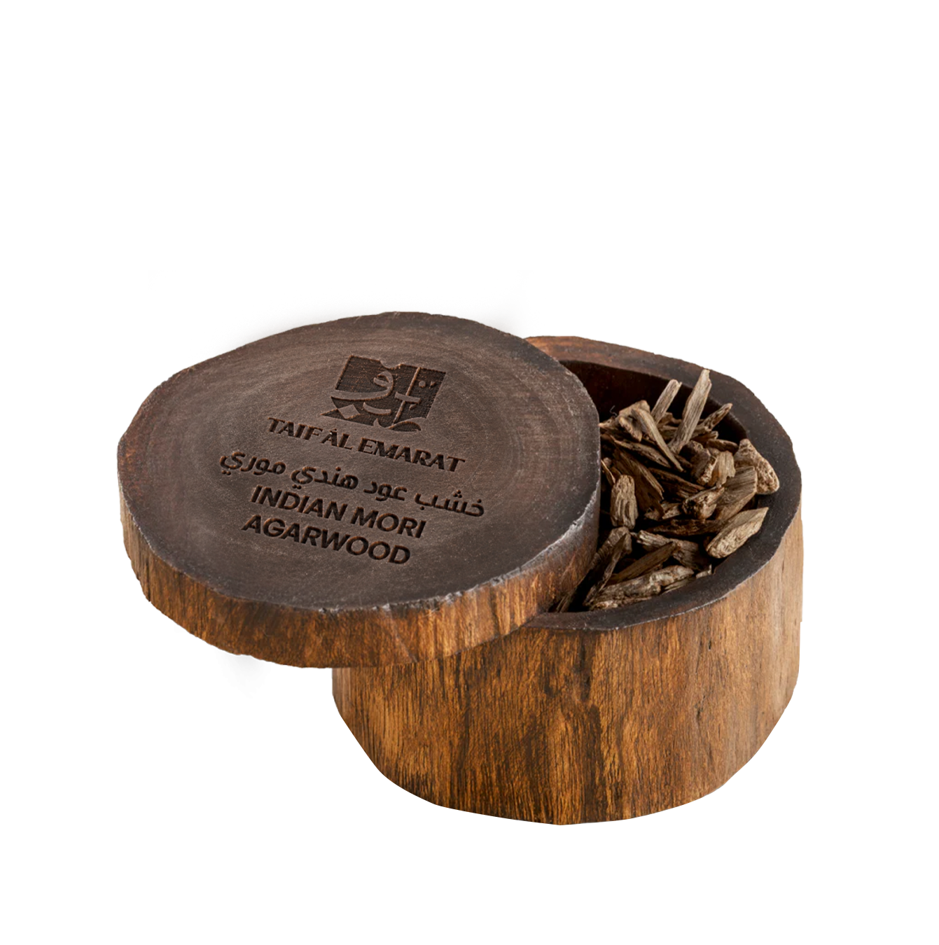 Wooden container open, oud chips visible inside - Indian Mori Agarwood 36g - bakhoor near me - elegant Indian oud wood