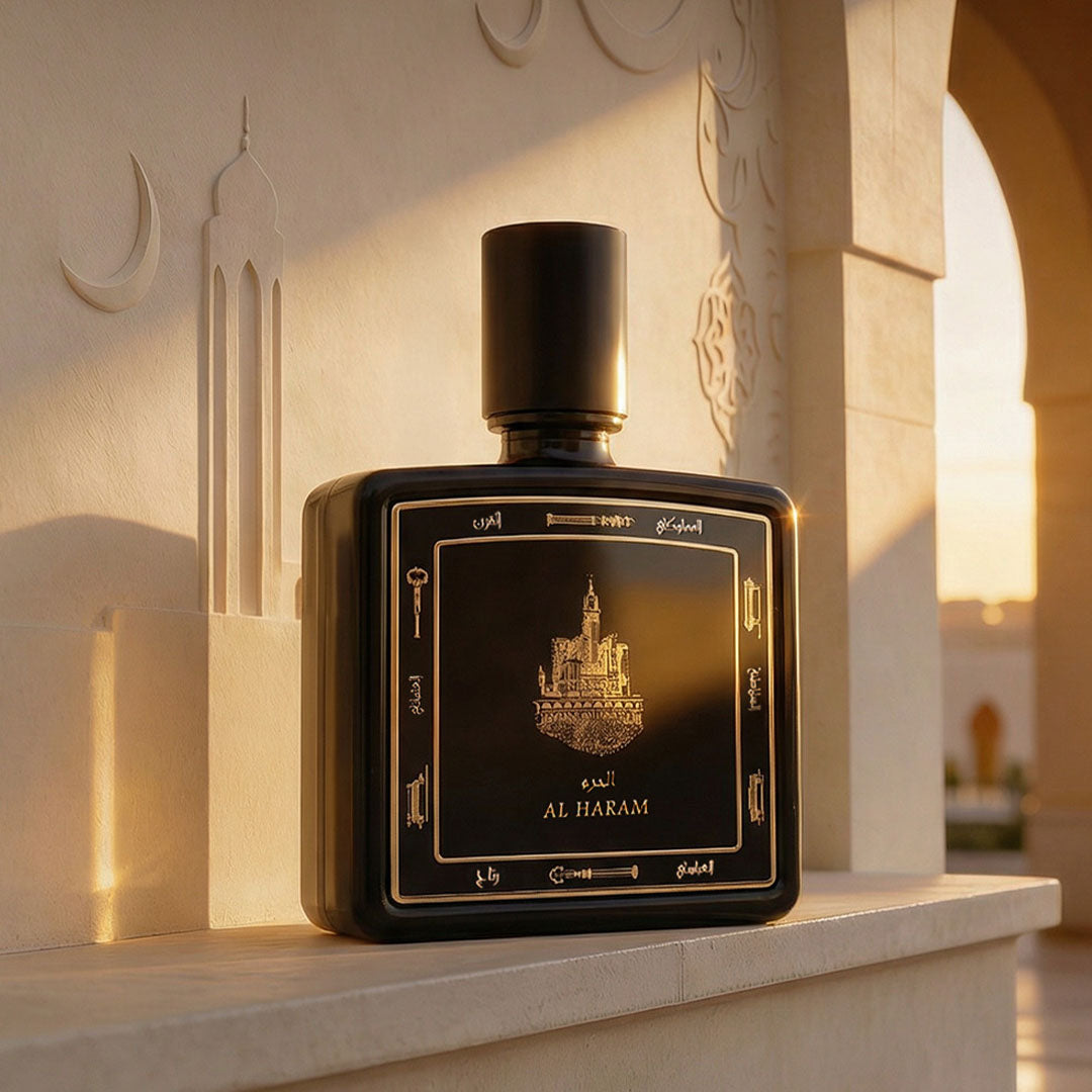 Al Haram perfume bottle 80ml from taif al emarat perfumes standing on a marble edge - fragrant leather oud perfume