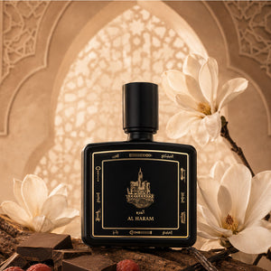 Al Haram perfume bottle 80ml surrounded by egyption geranium oil, raspberries and chocolate - fragrant leather oud perfume