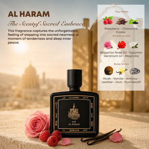Al Haram perfume bottle 80ml with ingredients, bulgarian rose oil, egyption geranium oil, magnolia chocolate, cassis, musk, vanilla, amberox, leather, oud, oud seoafi, raspberries - fragrant leather oud perfume