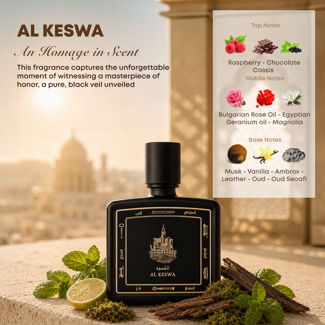 Al Keswa perfume bottle 80ml, with ingredients, raspberry, chocolate, cassis, Bulgarian rose oil, egyption geranium oil, magnolia, musk, vanilla, amberox, leather, oud, oud seaoafi - best arabian oud perfume