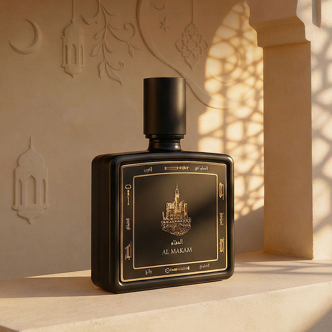 Al Makam perfume bottle 80ml from taif al emarat perfumes, resting on a marble edge - long lasting leather perfume