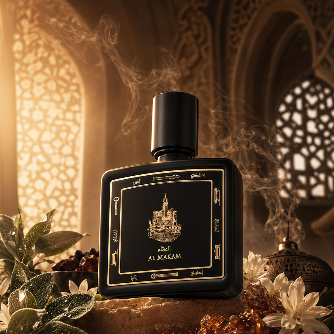 Al Makam perfume bottle 80ml surrounded by white flowers, sage and incense - long lasting leather perfume